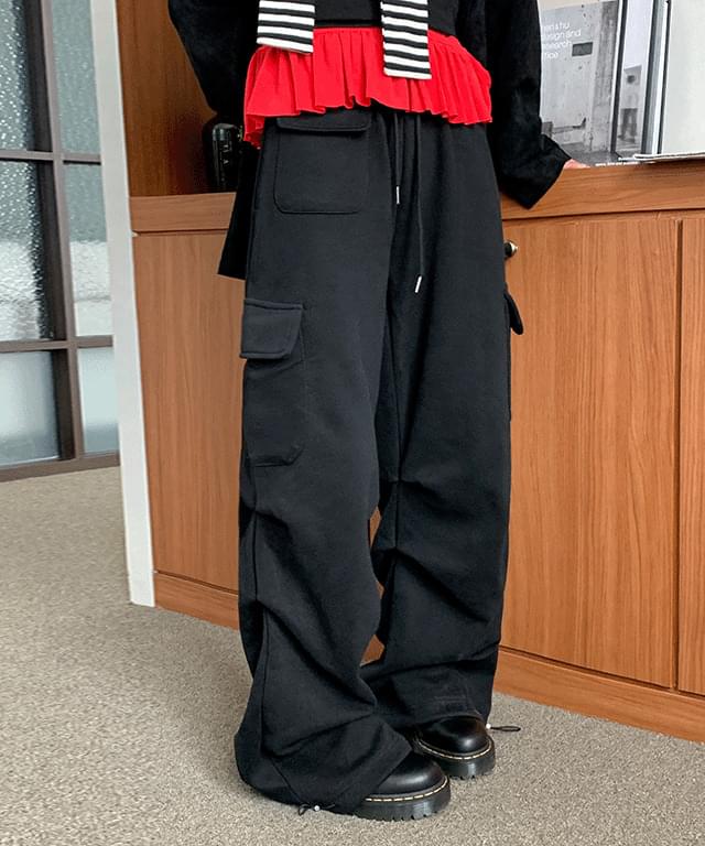 Nighty pocket string Fleece-lined brushed banding pants - 4 colors