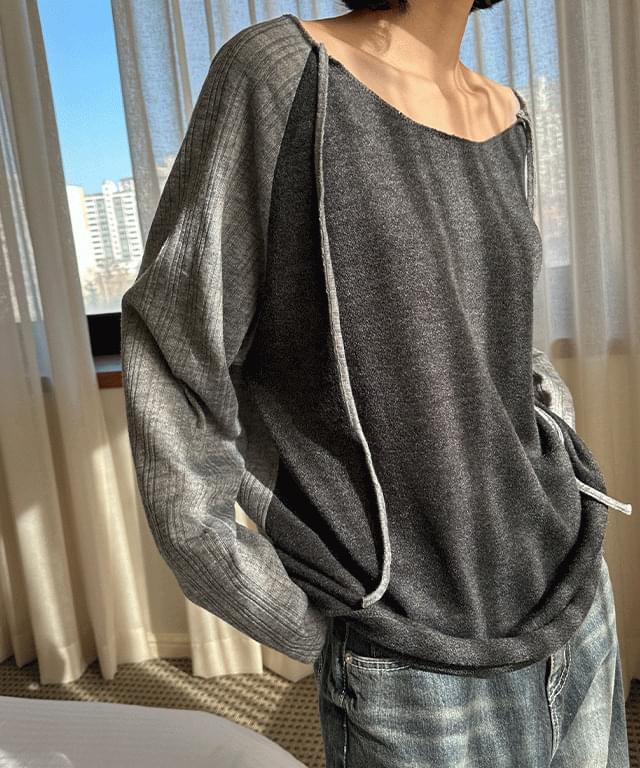 Frozen Deep U-neck String Color Block Knitwear Long Sleeve T-Shirt