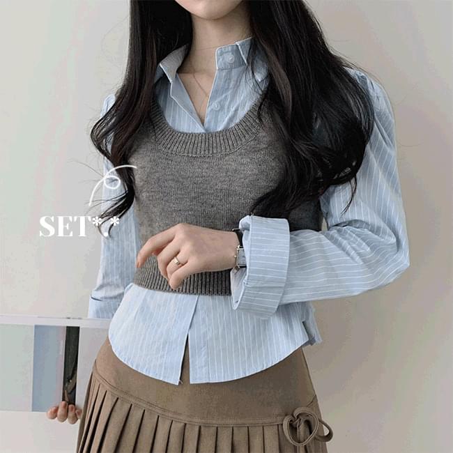 Shido Striped Shirt + Knitwear Vest Set