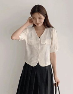 Pearl grid V-Neck short sleeve jacket