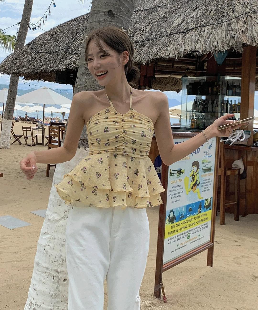 MINGPIECE - 아르미 홀터 셔링 프릴 나시 탑 - 코디북 아르미 홀터 셔링 프릴 나시 탑