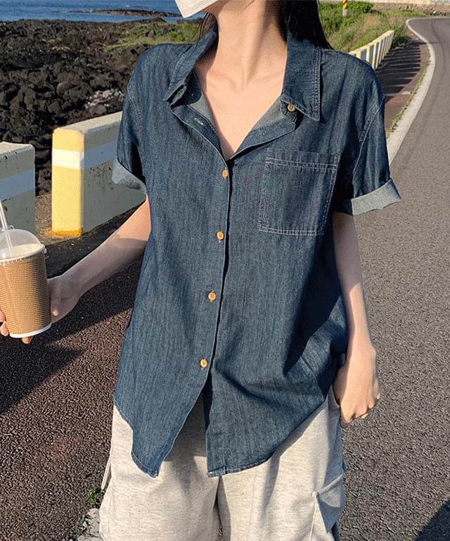 鬆身丹寧翻袖短袖襯衫