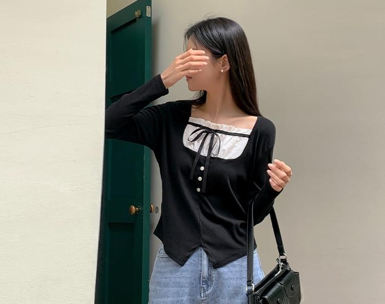 スクエアネックリボン配色スリットTシャツ