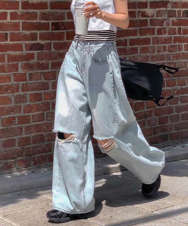 Rotin damage side pin tuck wide denim pants -5 colors