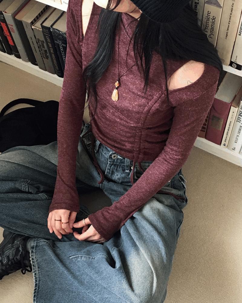 Hinter Bokashi Split Shirring String Warmer Turtleneck T-Shirt