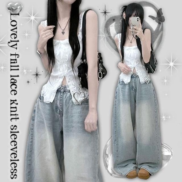 Shoe Lace Ribbed Knitwear Button Strap Sleeveless  无袖