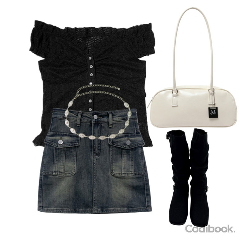 MAENIQUE 레이디 버클 린넨 부츠,viewlap 에스닉 체인 그런지 엔틱 메탈벨트,MUCENT ROMA CRACK KEYRING BOWLING BAG (Black,Ivory,Silver) 로마 크랙 키링 레더 숄더 볼링 백 (블랙,아이보리,실버)등을 매치한 코디