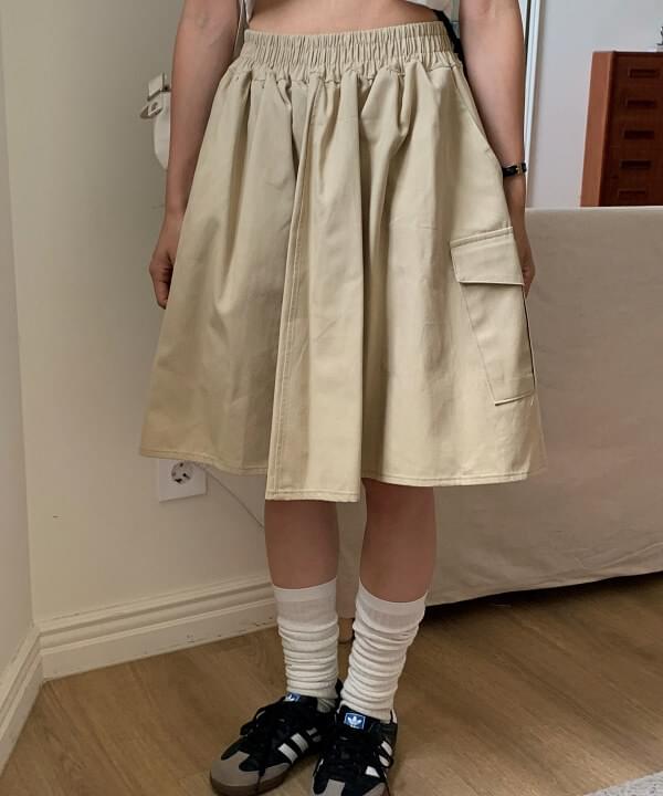 Oyu waist banding cotton flare cargo pocket midi skirt 3 colors