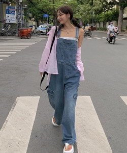 Sunny Daily Wide Cargo Pocket Suspender Denim Pants