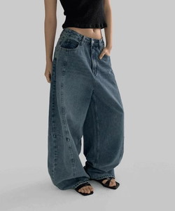 Naini semi-balloon Split line wide denim pants
