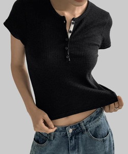 E-ring button silhouette Ribbed -sleeved tee