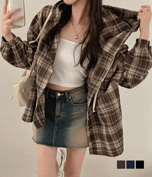 Brown Chip Overfit Check String Hooded Shirt