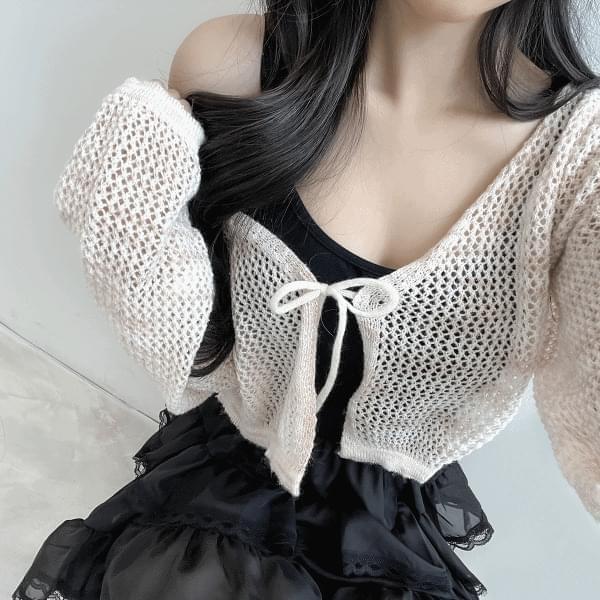 Water print punching string crop cardigan 4 colors (Ships Today)