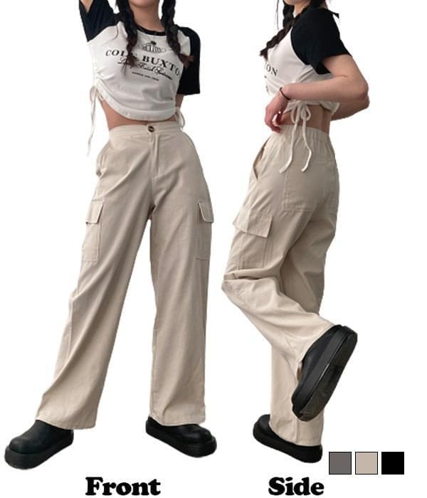 Fiction y2k, pocket cotton pocket cargo wide banding pants (Ships Today)