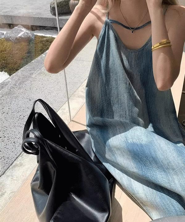Camelin washed denim strap sleeveless long Dress