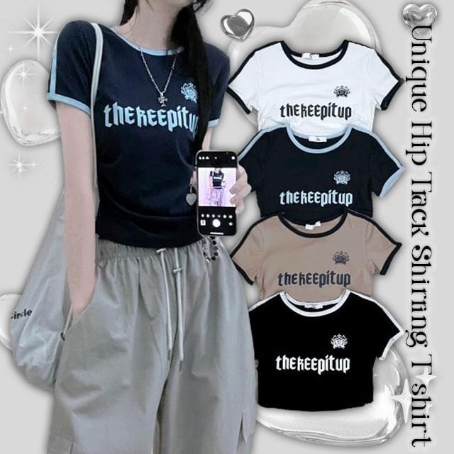 European lettering track line shirring crop short sleeve t-shirt