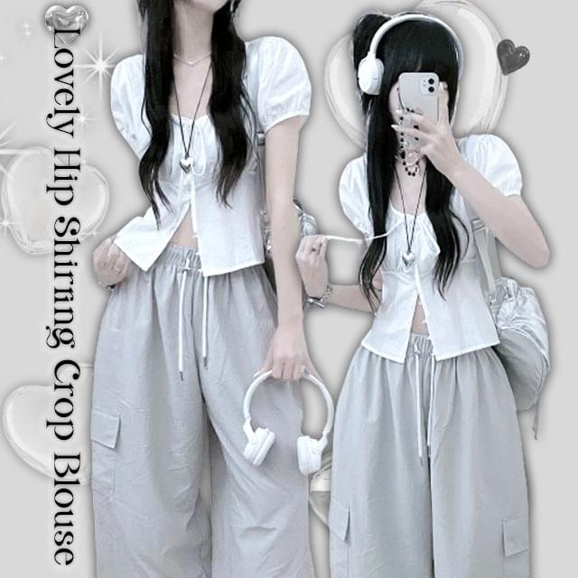 On the puff shirring ribbon button short sleeve shirt blouse