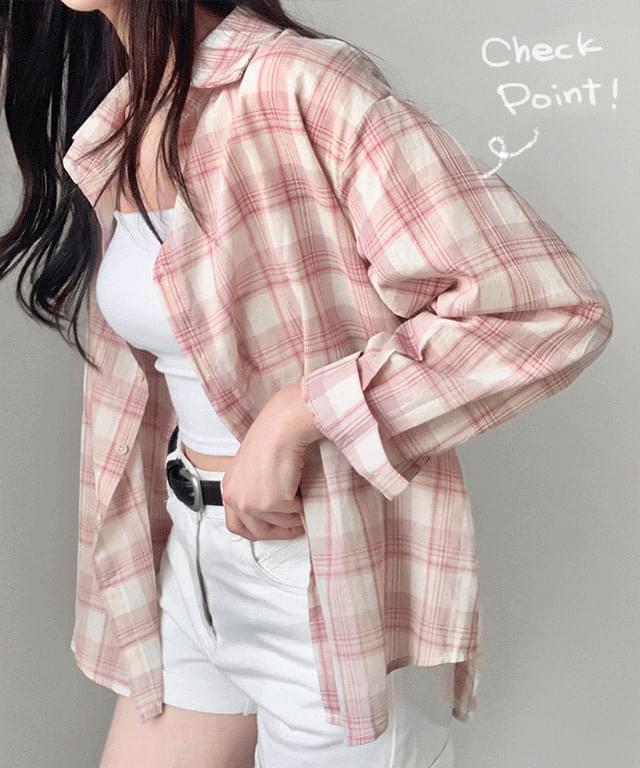 Color Guarantee, Lipi Cara Overfit Cotton Pocket Check Long Sleeve Shirt Pink Pastel Mori Girl Mid-Season Shirt