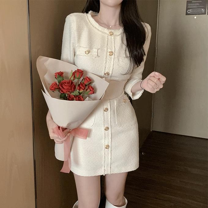 ] 155cm Geneve pocket tweed Dress -2 colors [Add length (Ships Today)