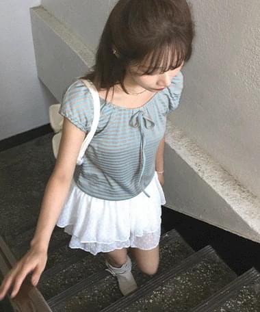 Hashi Shirring Ribbon Stripe Sleeveless T-Shirt