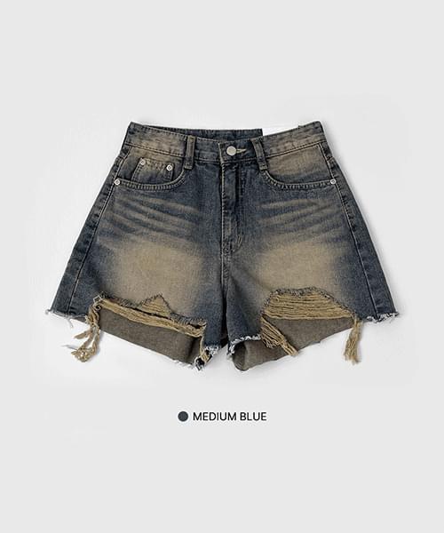 Vintage Cutting Dirty Faded Damaged Denim Shorts