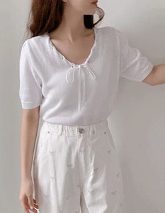 Punching String V-Neck Short Sleeve Knitwear 