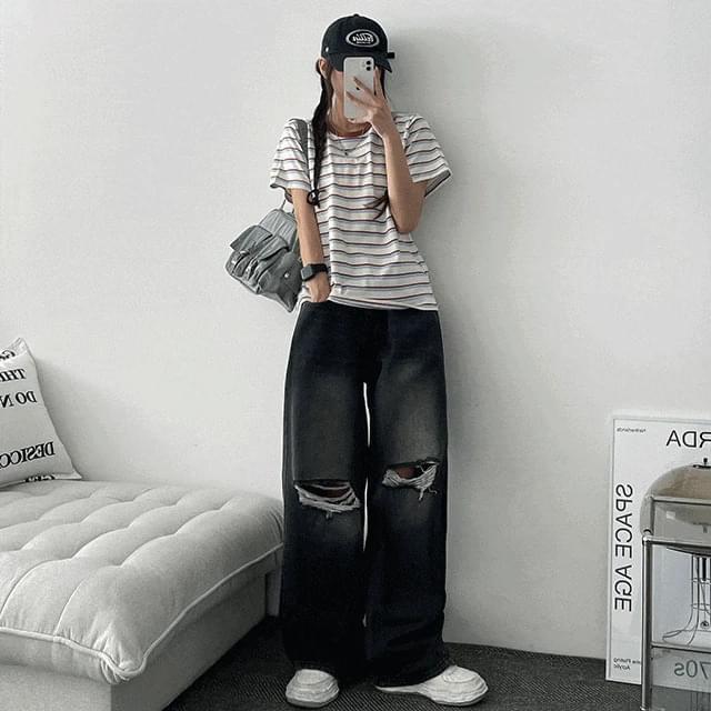 Button color Striped short-sleeved t-shirt