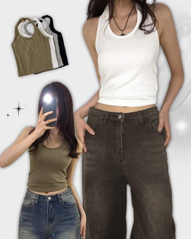 Heelin Basic Layered Inner Crop Halter Sleeveless Sleeveless (Ships Today)