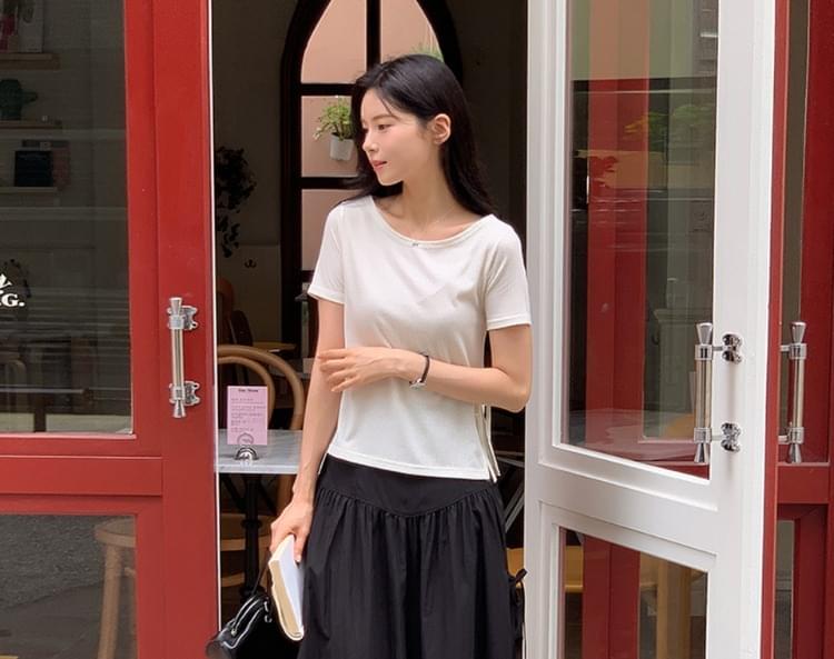 Solniet Ribbed Spandex Side Slit Boat Neck T-Shirt