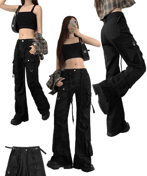 ~XL waist strap low waist pocket shirring pin tuck wide Flared pants (Delayed delivery)