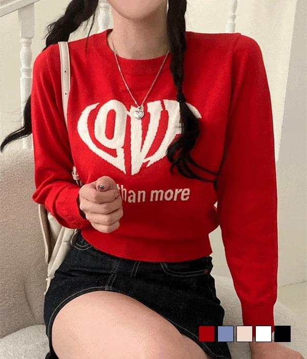 ラブモアレタリング長袖ラウンドネックニット