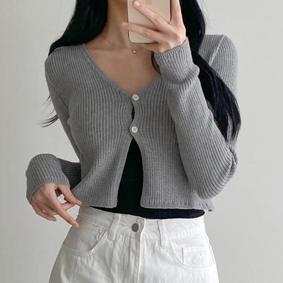Day Ribbed two-button CD Ribbed cardigan Tight ribbed bolero Ribbed button V-Neck short cardigan daily basic inter-season cardigan (Ships Today)