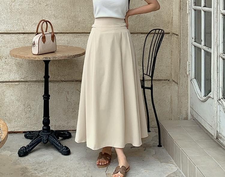 URLIN Back Banding Belt Flare Long Skirt