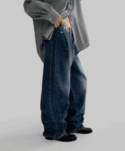 Vanne Pocket Pintuck Deep Blue Wide Denim Pants