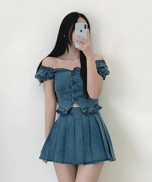 Uger denim frill pleated two-piece 套装