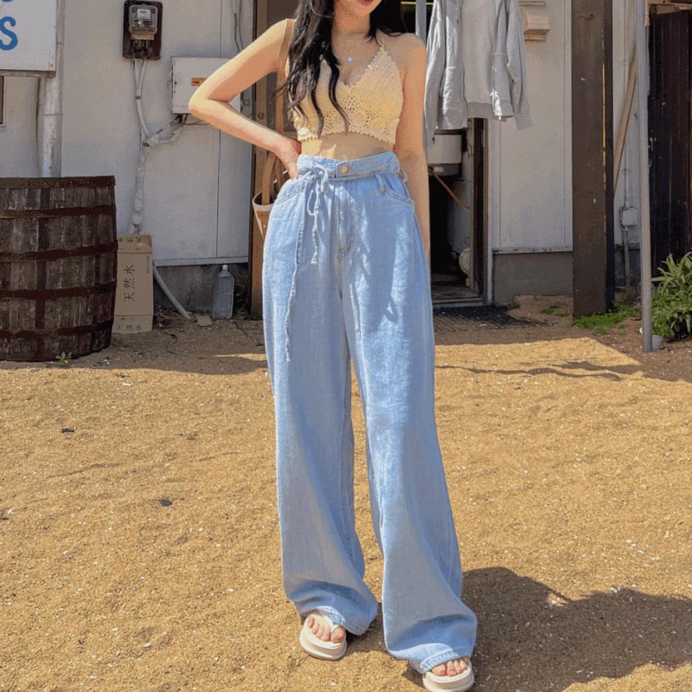 Summer wide hooded waist belt strap ribbon high waist cool denim flab cover summer jeans thin straight fit linen Loose-fit denim pants Light Blue blue spring summer fall