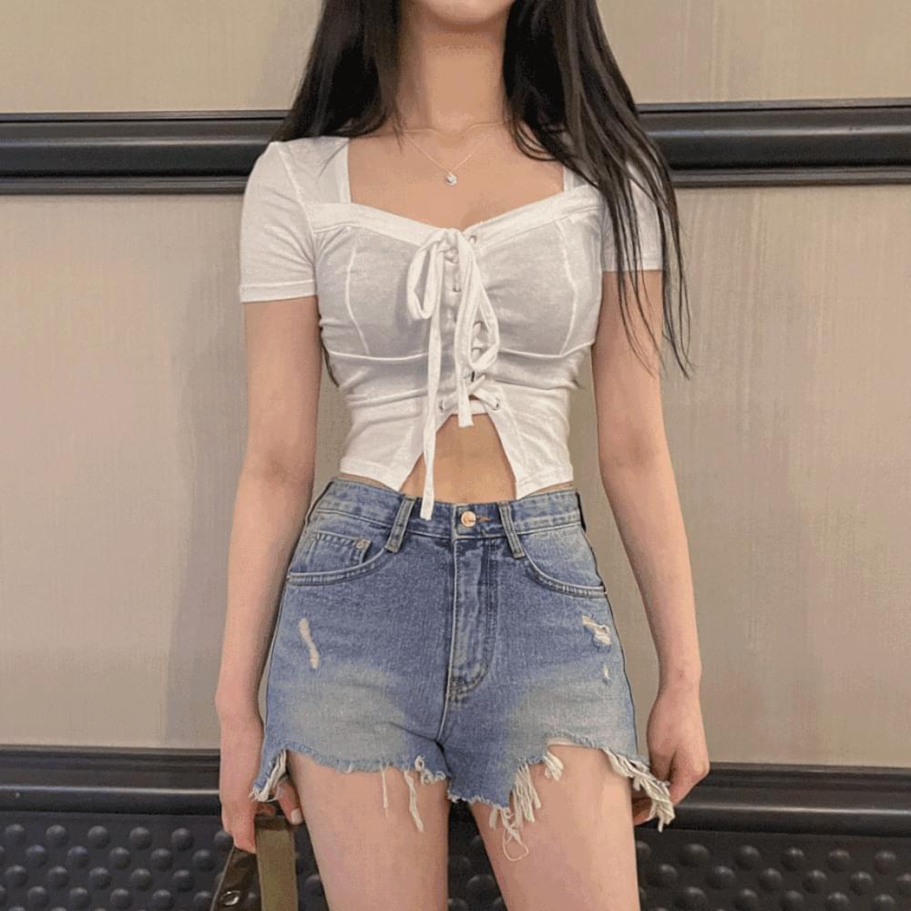 Same-day free delivery Innocent sexy corset square neck slit cropped t-shirt short sleeve long Spandex spandex halter neck eyelet tee ribbon glam spring fall summer club party look