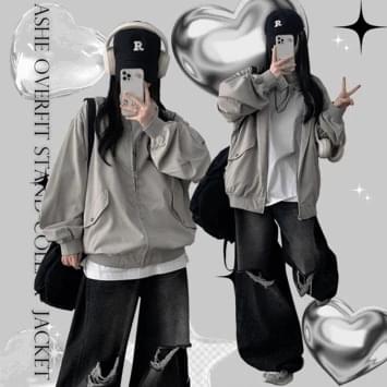 애쉬 오버핏 카라 바람막이 집업 자켓 (2color)