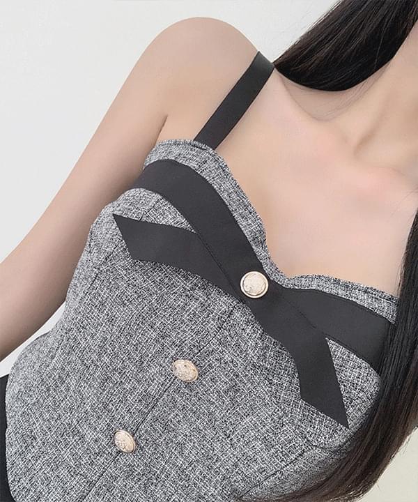 Porta tweed color combination ribbon Sleeveless  无袖