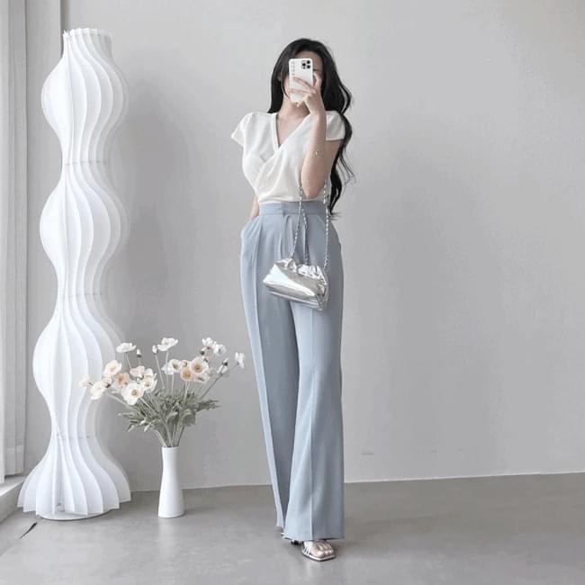 Alphabet pin tuck semi wide slash slacks 4 colors