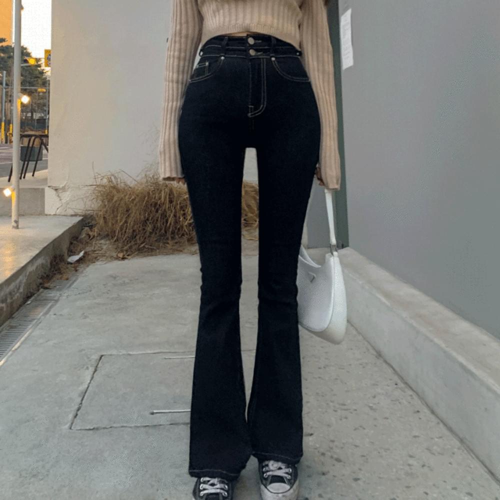Mochi Spandex Stitch Long Two Button High Waist Black Raw Flared Pants Jeans Denim Flared Pants Black Denim Dark Blue SML