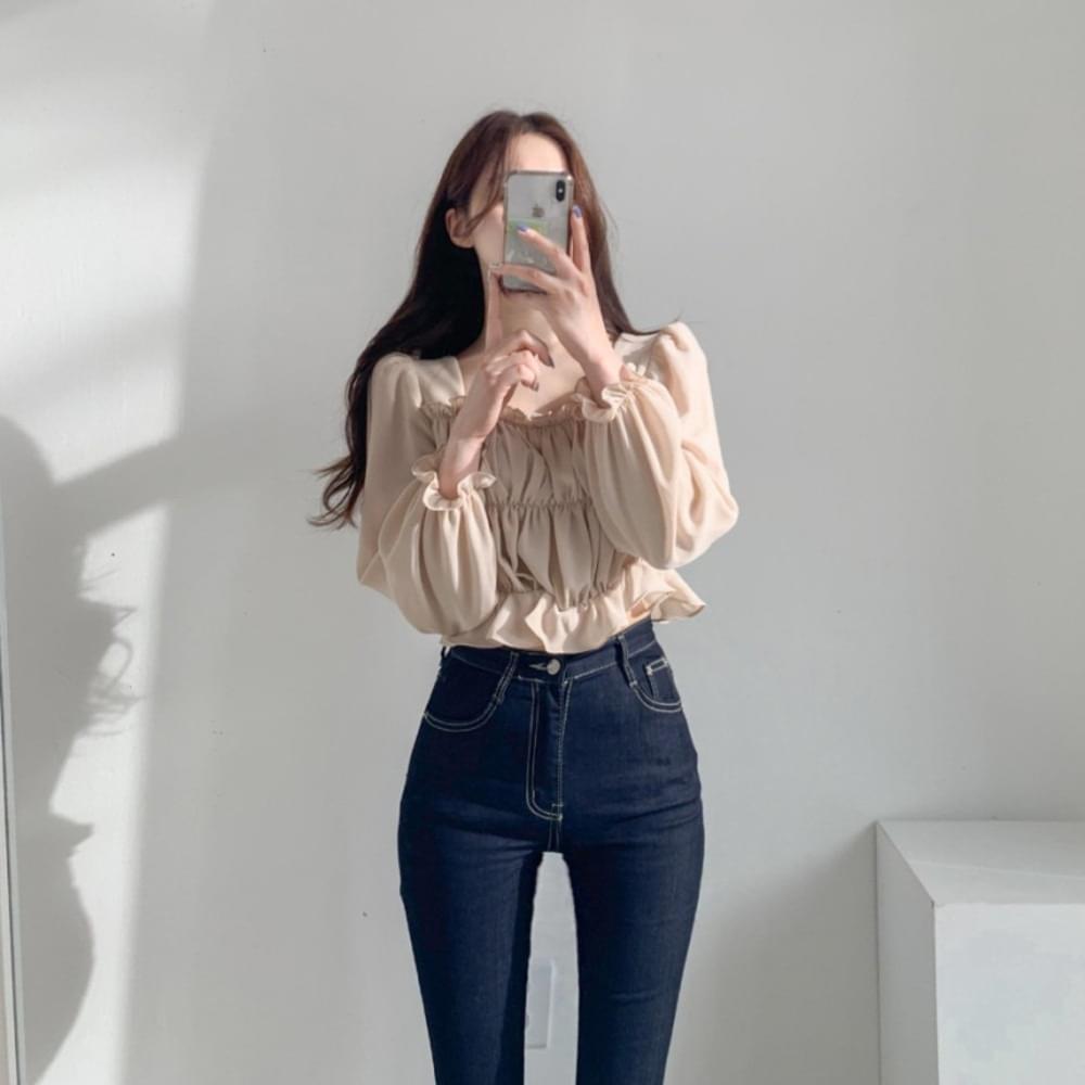 Chiffon smoke banding pleated puff balloon square neck frill shirring see-through crop blouse 6 colors
