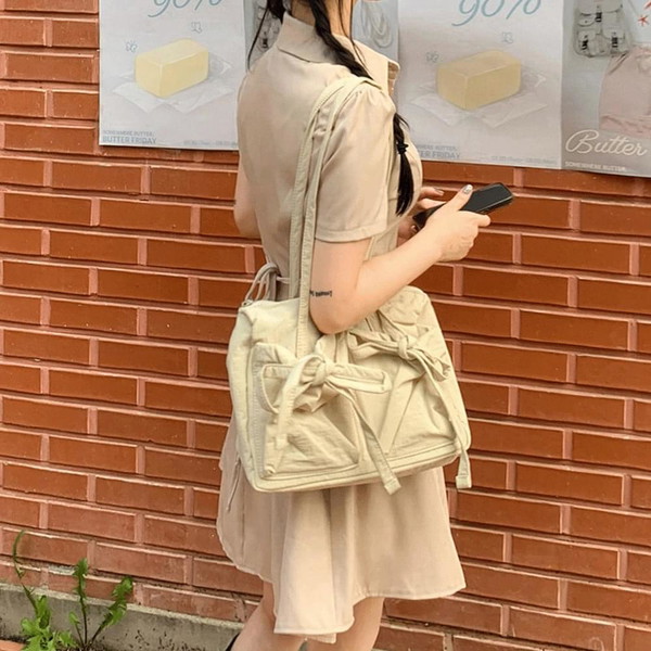 Bag Ribbon Shoulder Bag Two Pockets Kitsch String Square Nylon Bobusang Daily Waterproof Point Rustling Medium Kwan-Ku Daily Vacation Look 4COL