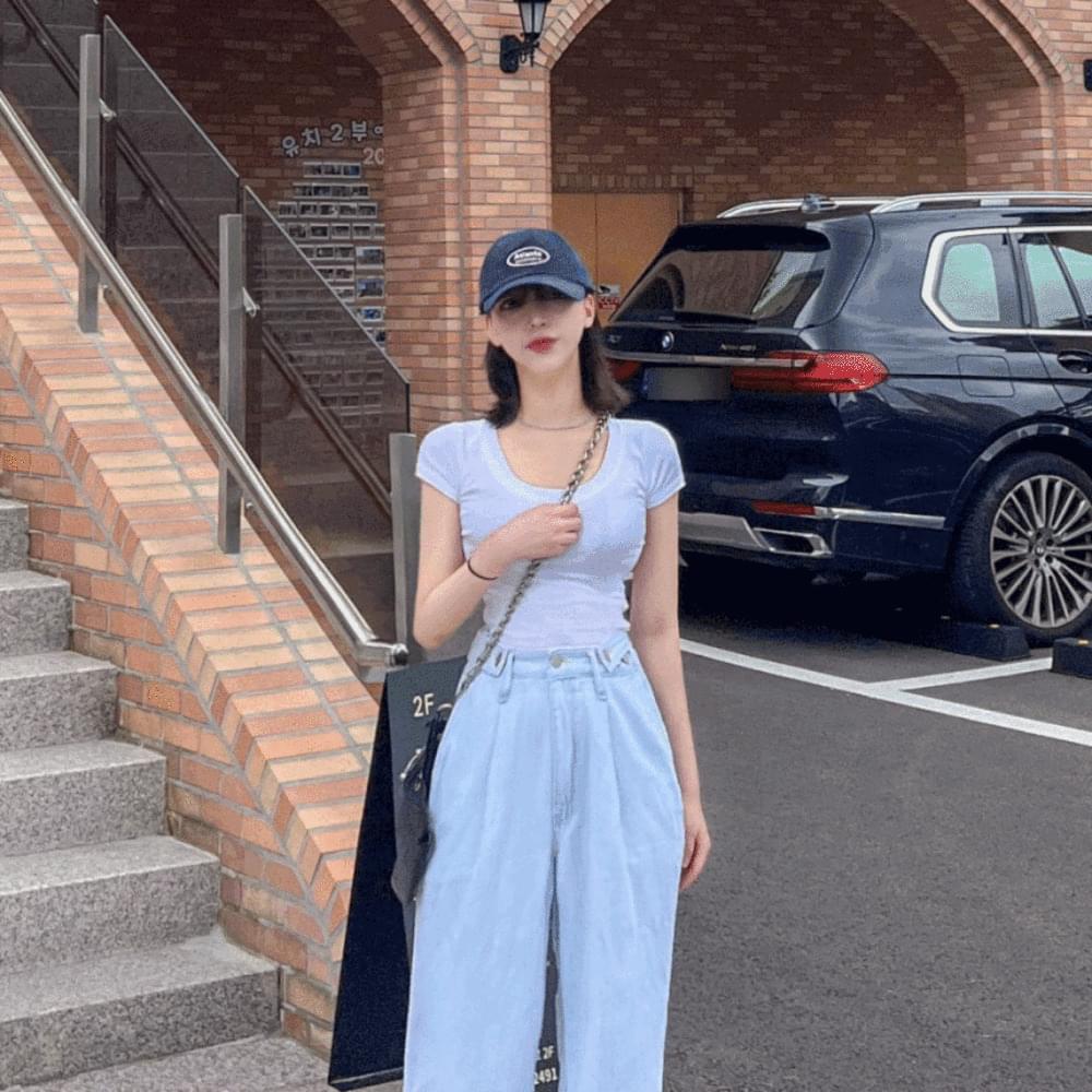 'Pretty fit' Automatic Photoshop Glam Fit Chewy Tencel U-neck Short Sleeve T-shirt Body Correction Short Sleeve T-shirt Pink Sora Yellow Beige White Black
