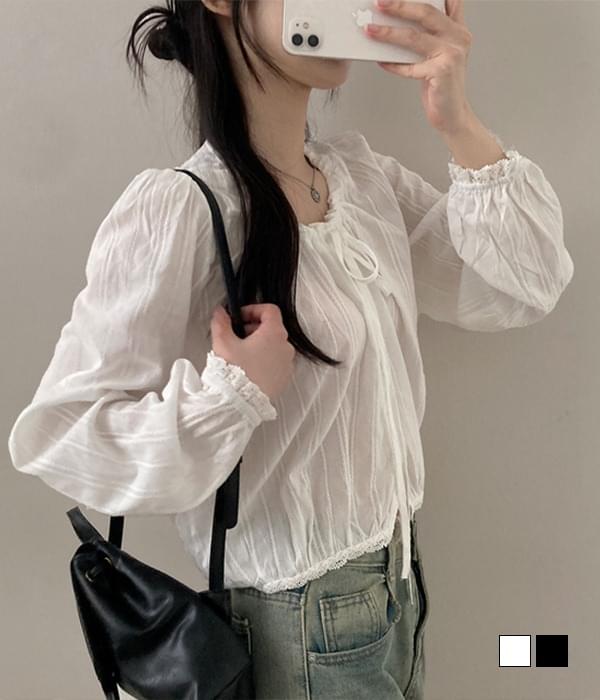 Girly Lovely Lace Shirring Cotton Semi-Crop Blouse 衬衫