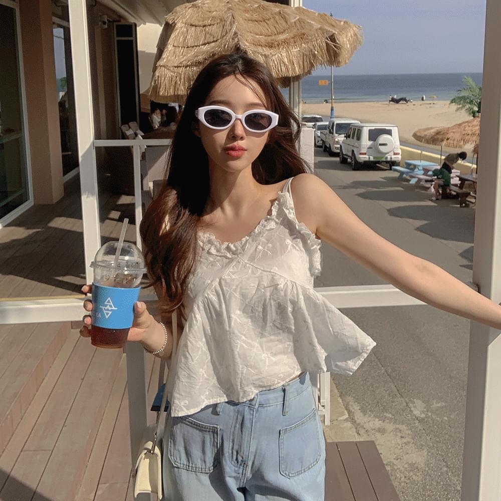 *Strap adjustment* Punching lace frill Sleeveless bustier blouse crop shirring see-through strap layered sleeveless sleeveless date look vacation look resort 2COL 无袖