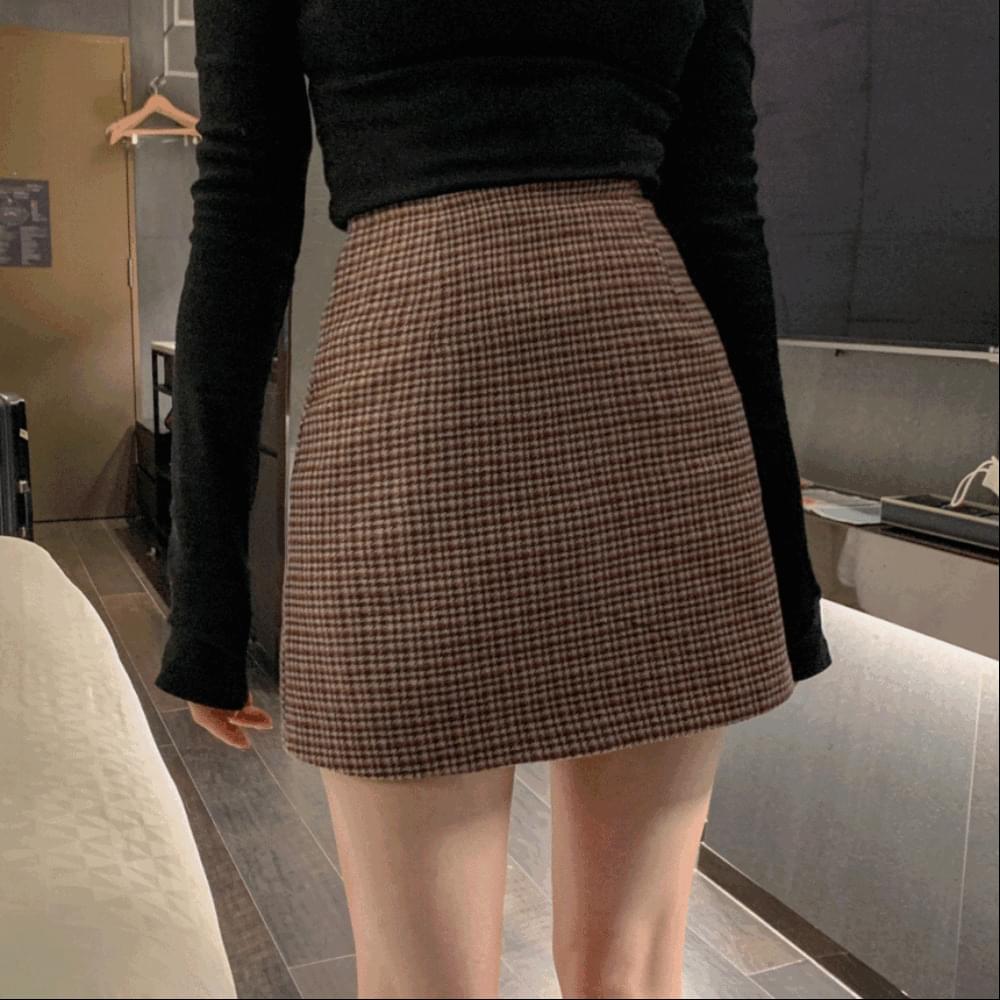 Lining O Wool Check High Waist A-Line Mini Skirt Winter H-Line Skirt Year-End Look Indie Pink Sora Black S M