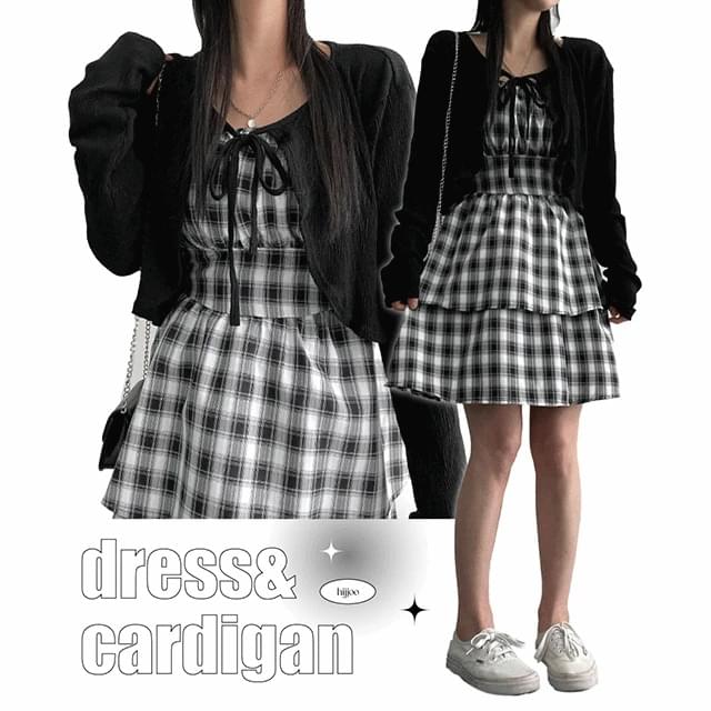 Seycheck one Dress& cardigan set