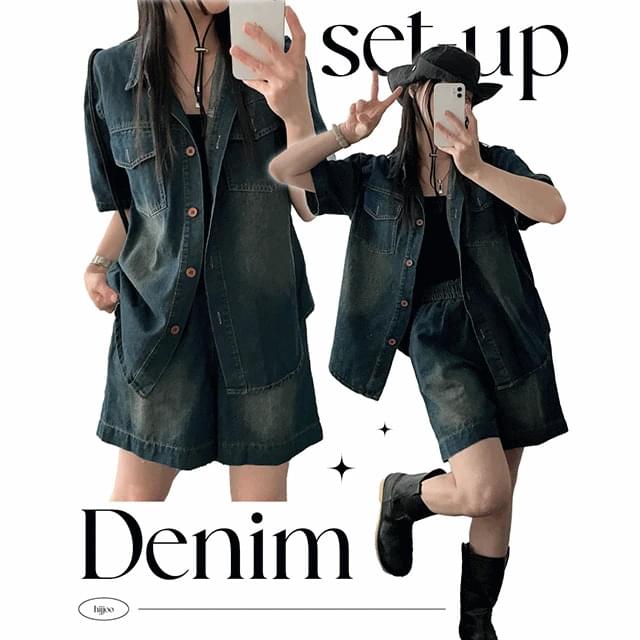 Burt denim short sleeve shirt, denim shorts set