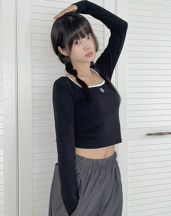 Logo stitch square neck two-tone long sleeve T-shirt